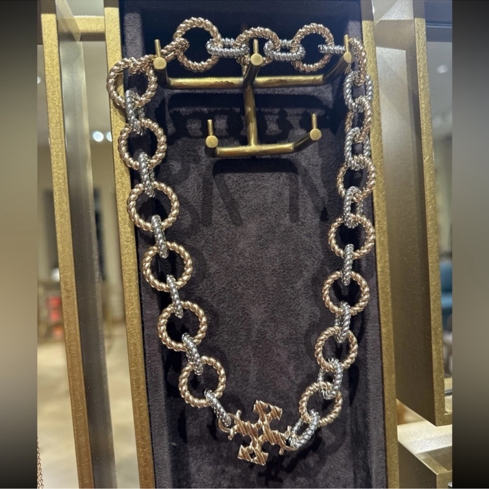 Tory Burch Textured Rope Mixed Metal Silver Gold  Necklace Bracelet Set NWT $550 - Picture 3 of 5